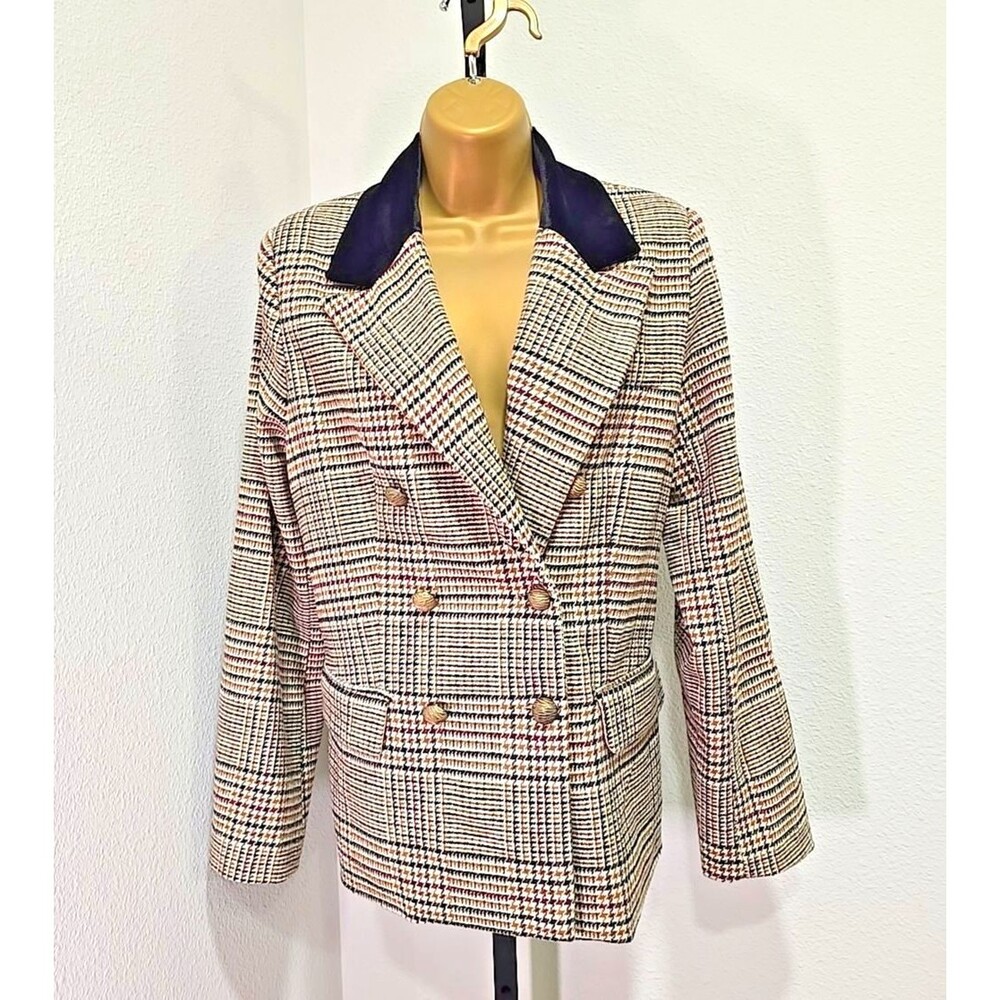 NWT Brown Glen Plaid Double Breasted Blazer 14 Chenille Collar Academia Preppy